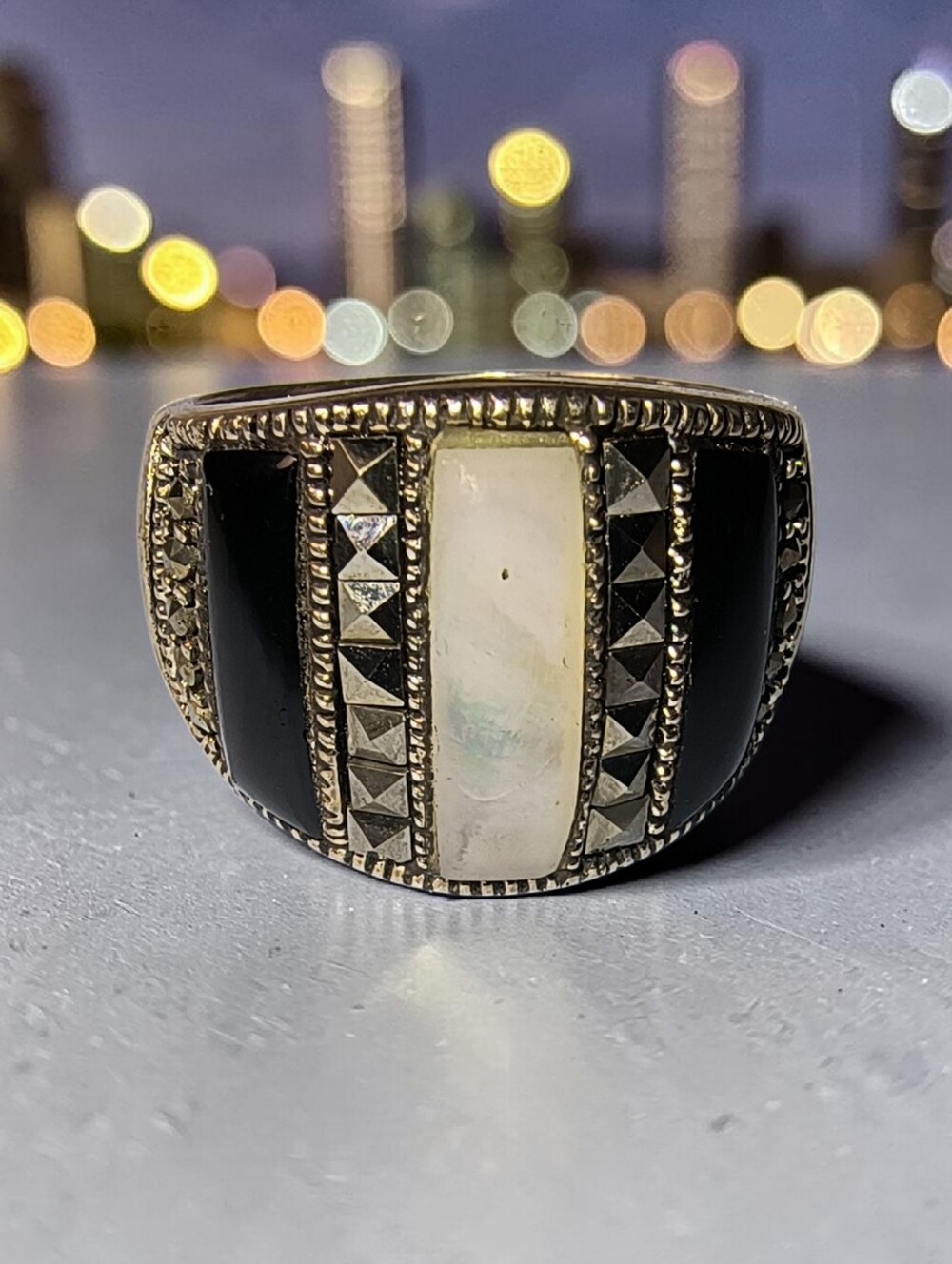 Chunky Black Onyx, Mother-of-Pearl, Marcasite Statement Ring In Sterling Silver